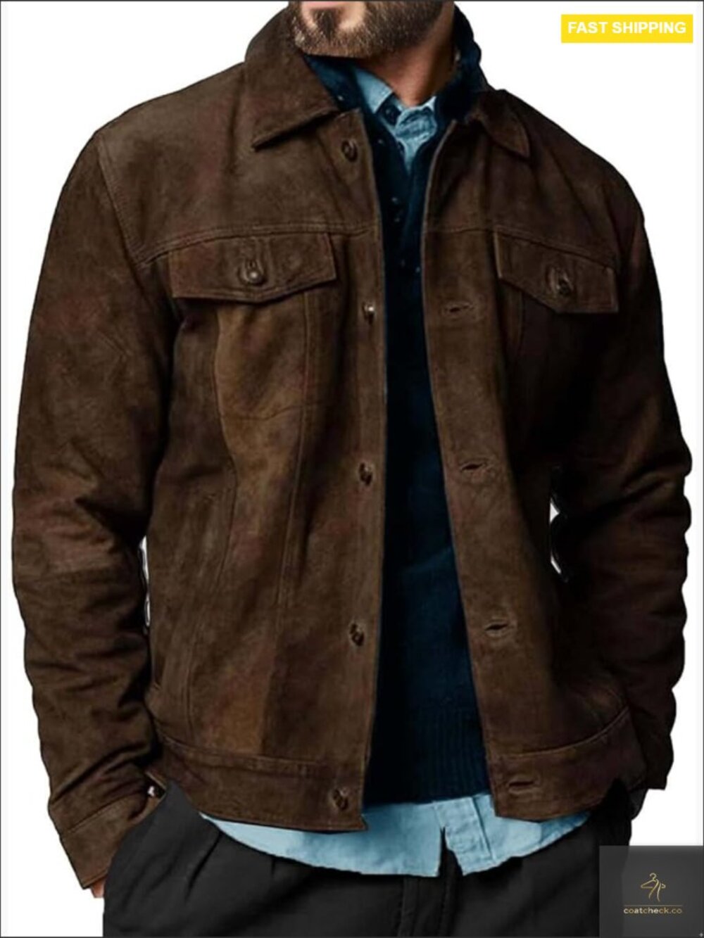 Vintage Suede Leather Trucker Jacket Men Slim Fit Shirt Collar Long Sleeve